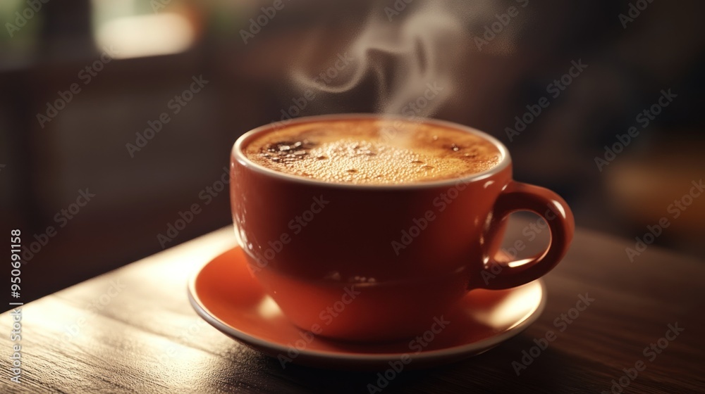 Steaming Cup of Coffee on Wooden Table Steaming Cup of Coffee on Wooden Table