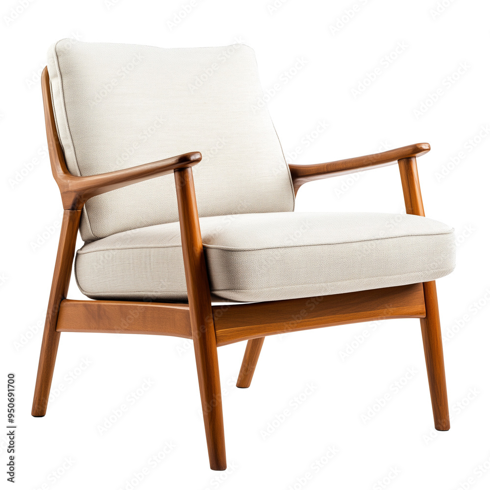 A Scandinavian-style armchair with a fabric cushion isolated on transparent background A Scandinavian-style armchair with a fabric cushion isolated on transparent background