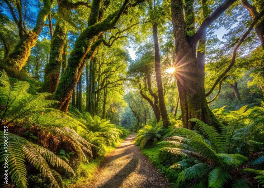 Serene sun-dappled forest trail beckons exploration, lined with vibrant green ferns and ancient trees, their gnarled branches stretching towards a brilliant blue sky. Serene sun-dappled forest trail beckons exploration, lined with vibrant green ferns and ancient trees, their gnarled branches stretching towards a brilliant blue sky.