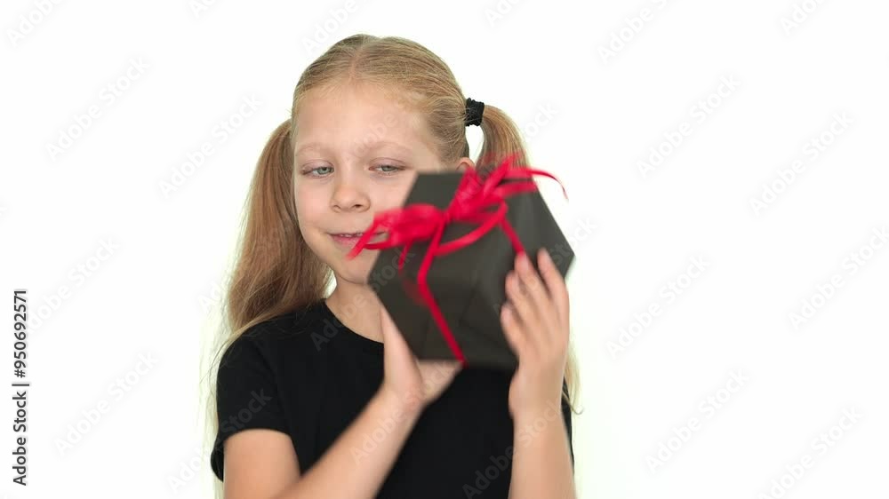 Girl in red Santa hat, black dress holds black gift boxes in hands and dances. Shake gift. Concept Black Friday, sale, Christmas discounts, Cyber Monday, Merry Christmas and New Year.