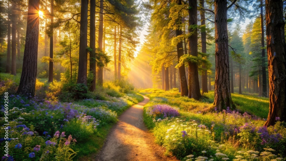Obraz premium Serene woodland scene featuring a winding dirt path surrounded by tall trees, lush greenery, and vibrant wildflowers, bathed in warm, soft, golden light.