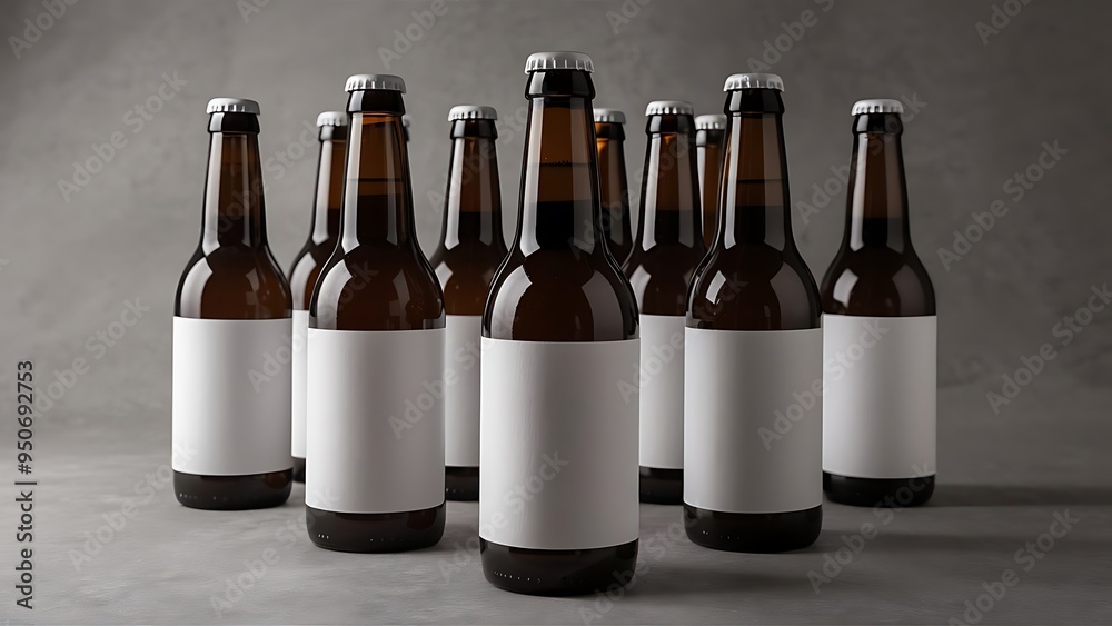Selective focus of glass beer bottles with blank white labels isolated on grey Selective focus of glass beer bottles with blank white labels isolated on grey