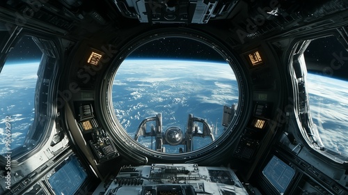 A breathtaking view from the pilot's cockpit of a futuristic spaceship traveling through deep outer space, surrounded by distant stars and galaxies, new beautiful stock image illustration AI photo