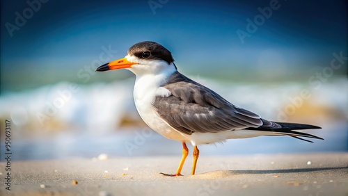 Small, agile seabird with gray and white feathers, black cap, and orange bill, perched on sandy beach, looking alert and focused on the horizon. photo