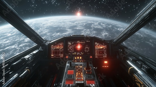 A breathtaking view from the pilot's cockpit of a futuristic spaceship traveling through deep outer space, surrounded by distant stars and galaxies, new beautiful stock image illustration AI photo