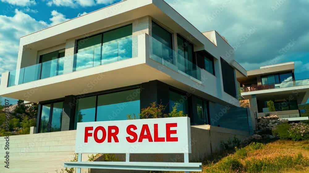 A contemporary home with expansive glass windows is prominently displayed for sale, showcasing its modern design and appealing location in a desirable area. A contemporary home with expansive glass windows is prominently displayed for sale, showcasing its modern design and appealing location in a desirable area.