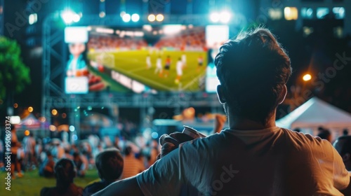 Excited Soccer Fans Watching the Final Match on a Large Screen in a Public Viewing Area