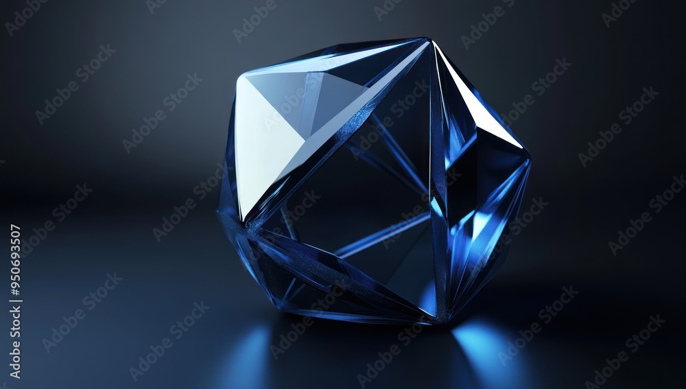 A blue geometric tech logo with an octahedral shape, made of glass and metal A blue geometric tech logo with an octahedral shape, made of glass and metal