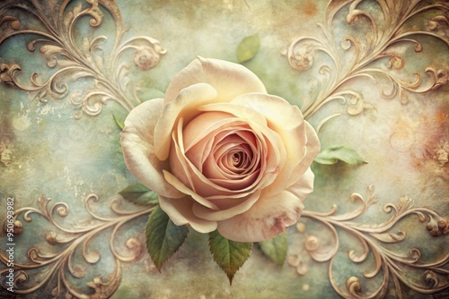 .soft focusimage of a delicate, intricately illustrated antique rose bloom surrounded by ornate, swirling vintage design elements in a muted, distressed color palette. photo