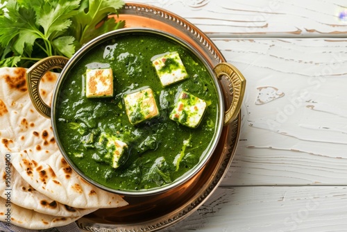 Homemade Palak Paneer with roti or Naan, flatbread -North Indian vegetarian meal for Diwali photo