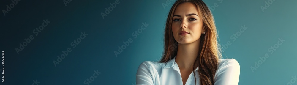 Portrait of a Woman with Long Brown Hair Against a Blue Background Portrait of a Woman with Long Brown Hair Against a Blue Background