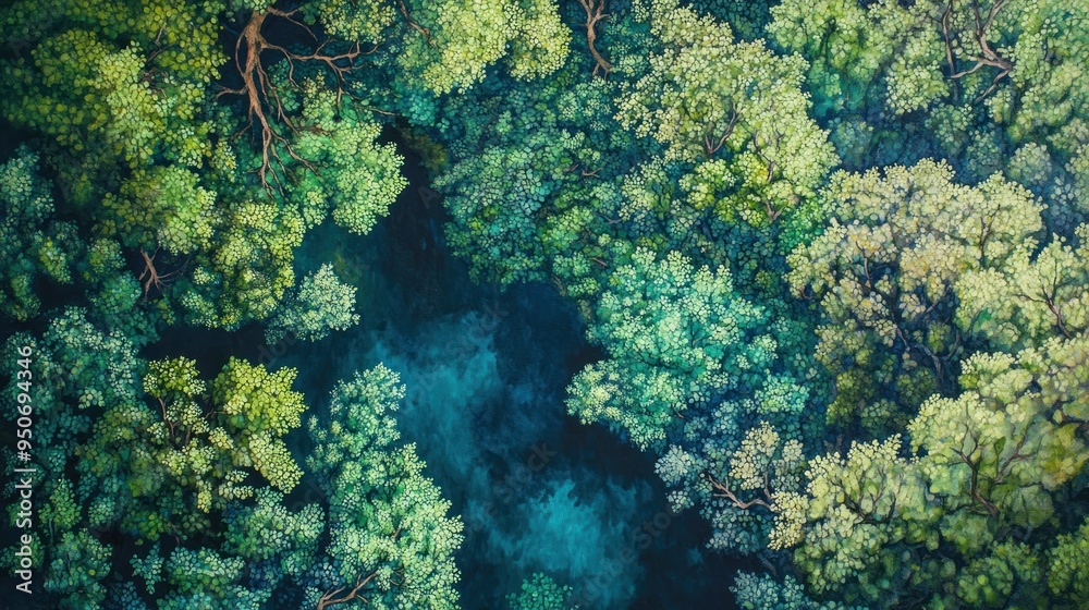 Aerial View of Lush Green Trees and a Deep Blue River Aerial View of Lush Green Trees and a Deep Blue River