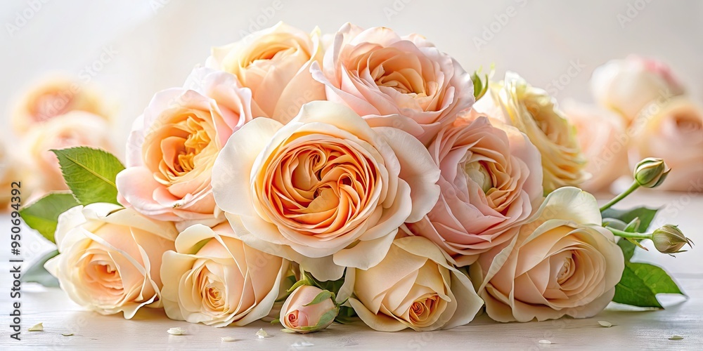 Softly lit, delicate peach and rose flowers intertwined in a lush bouquet, petals unfolding like tender kisses against a serene, creamy white background. Softly lit, delicate peach and rose flowers intertwined in a lush bouquet, petals unfolding like tender kisses against a serene, creamy white background.