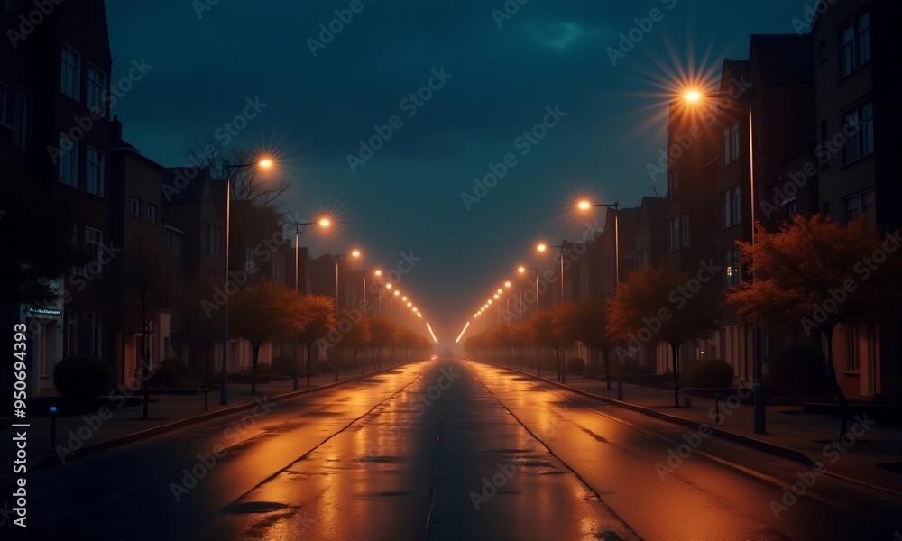Obraz premium Glowing street lights illuminate the dark cityscape generated by 