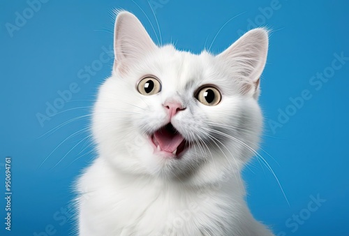 an amused white cat on blue background photo