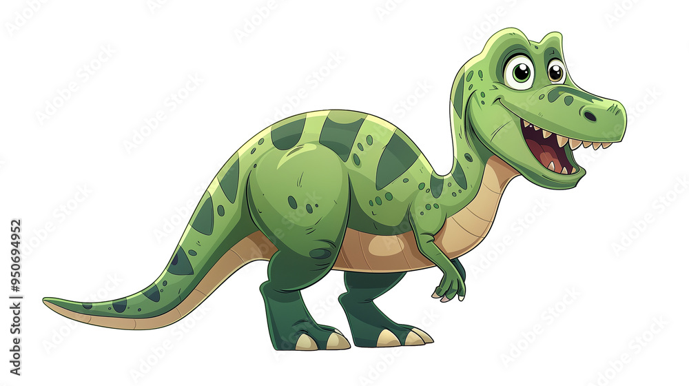 Fototapeta premium friendly, cartoon dinosaur in shades of green with a smiling expression. The dinosaur has large eyes and a cute, childlike appearance