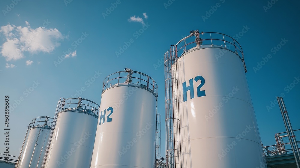 Large Hydrogen Storage Tanks Against a Clear Blue Sky Large Hydrogen Storage Tanks Against a Clear Blue Sky