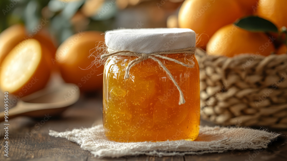 A jar of orange marmalade on a rustic table surrounded by oranges. A jar of orange marmalade on a rustic table surrounded by oranges.