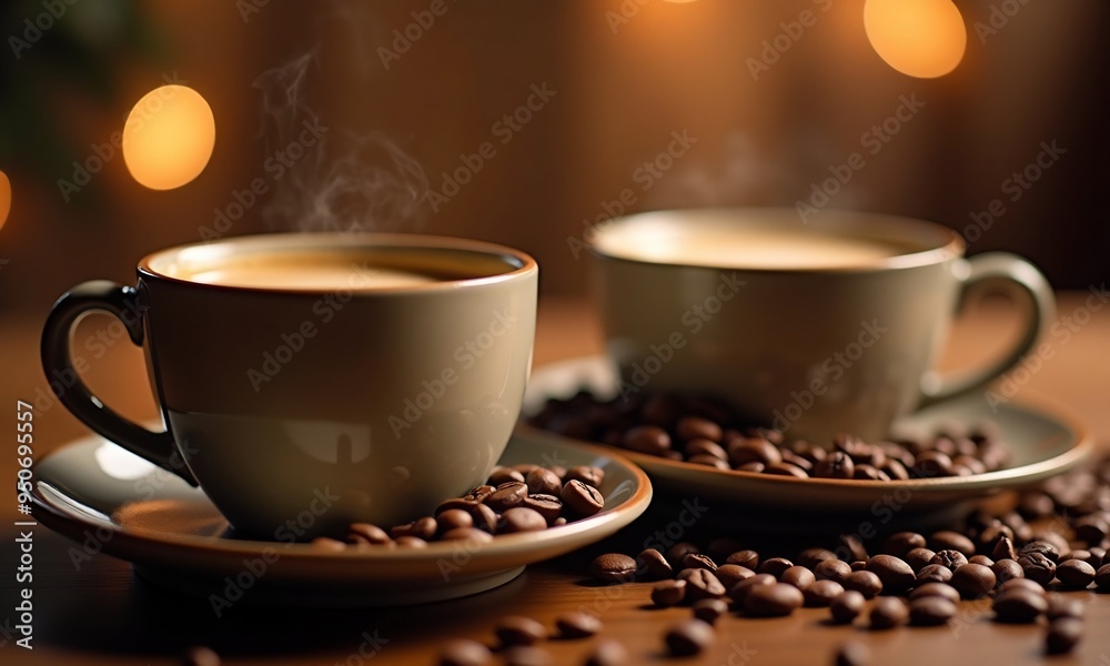 Obraz premium Two cups of coffee and a plate of coffee on a table with beans