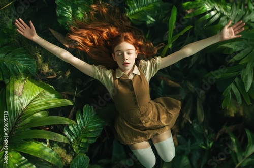 female redheaded woman floating in the air with her arms outstretched
