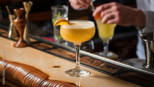 Yellow Cocktail with orange on the wooden Bar