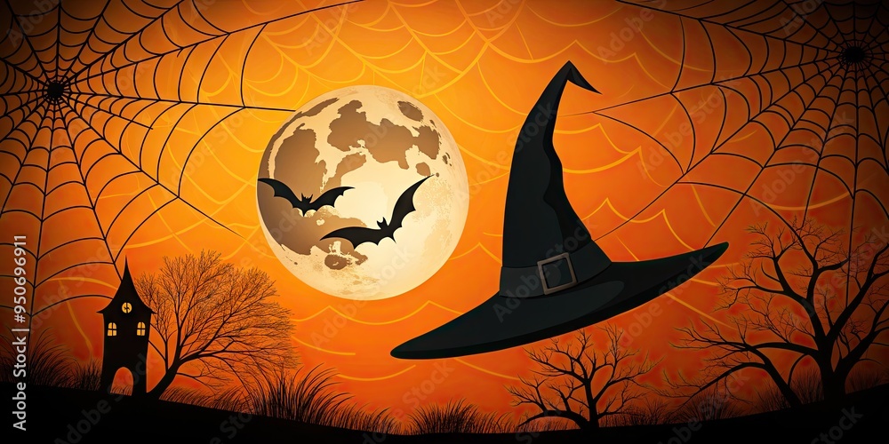 Φωτογραφία Spooky orange and black Halloween party invitation template featuring a witches' hat, cobwebs, and a looming moon, perfect for sending out eerie celebrations invititations