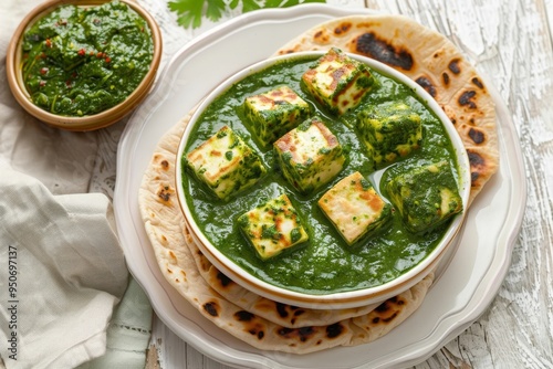 Homemade Palak Paneer with roti or Naan, flatbread -North Indian vegetarian meal for Diwali