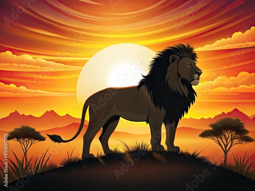 Stylized vector illustration of a majestic lion's silhouette against a vibrant sunset background, perfect for nature, wildlife, and conservation-themed designs and projects. photo