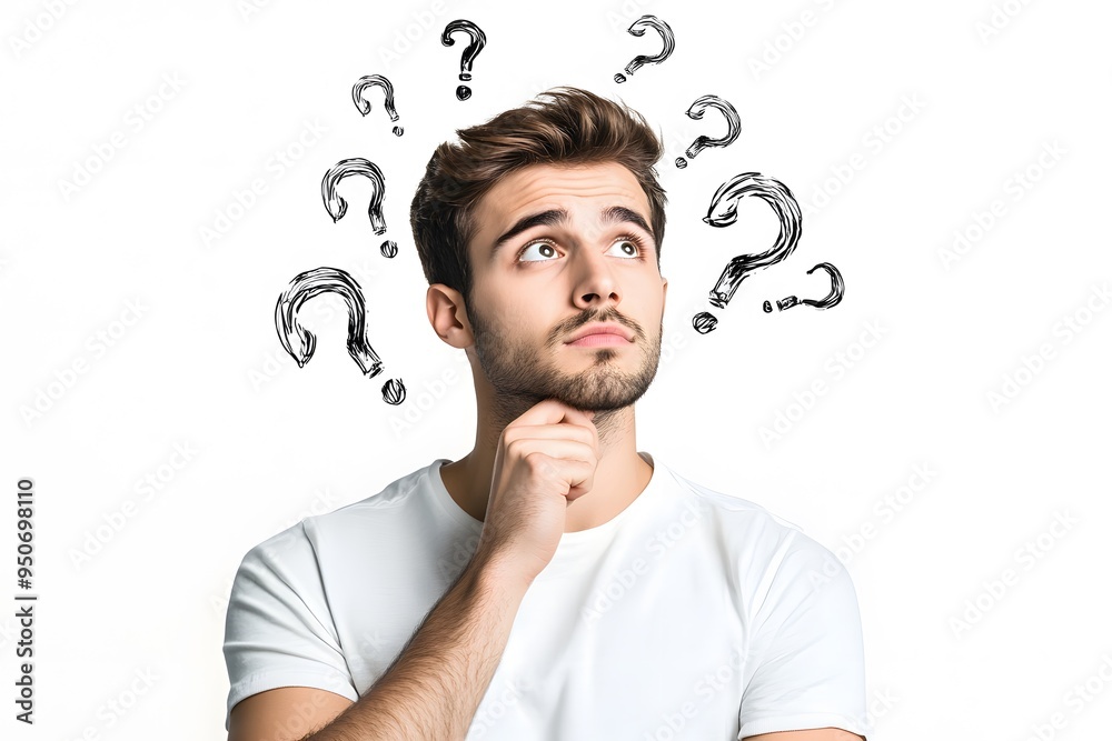 thinking man with puzzled expression and with question marks around him thinking man with puzzled expression and with question marks around him