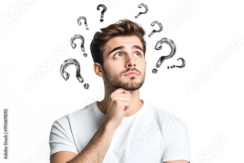 thinking man with puzzled expression and with question marks around him
