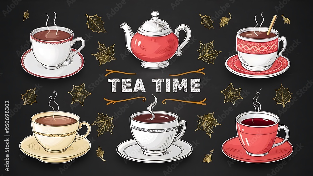 Large collection Tea Time. Set of different cups of warming autumn and Christmas drinks. Hot chocolate, mulled wine, cocoa, coffee, tea. Sketch on the chalkboard Large collection Tea Time. Set of different cups of warming autumn and Christmas drinks. Hot chocolate, mulled wine, cocoa, coffee, tea. Sketch on the chalkboard