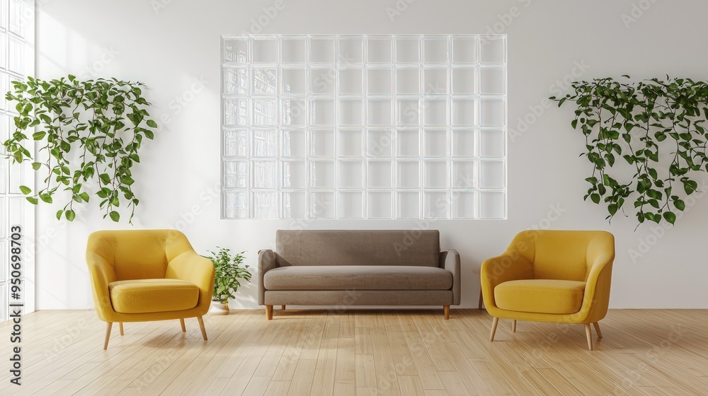 Fototapeta premium Serene living space with yellow chairs, a taupe couch, bamboo floor, and creeping fig.