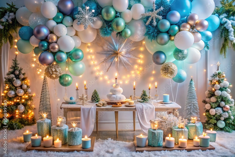 Vibrant balloons, garlands, and festive lights adorn a merry winter wonderland-themed party setting, complete with snowflake decorations, candles, and ornate tablescape elements.