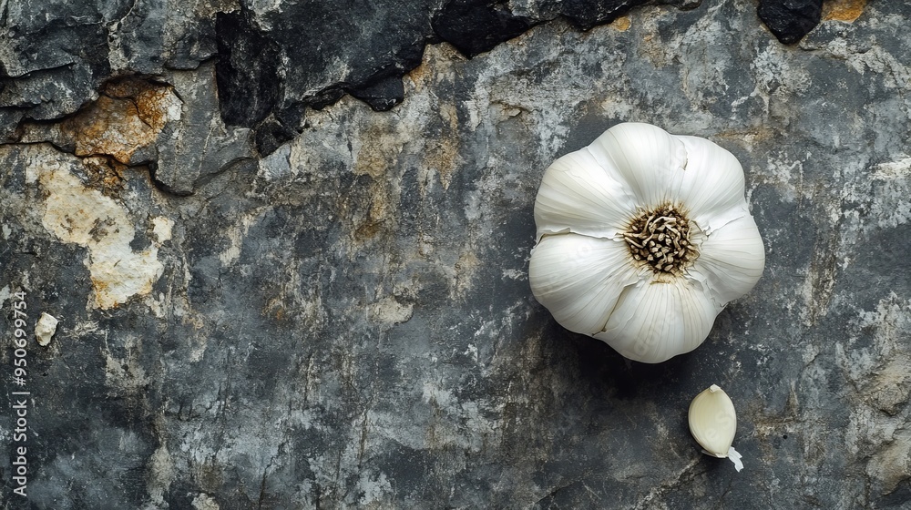 Flatlay of a whole aromatic white garlic on grey stone.