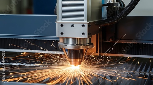 Metal laser cutting machine head with sparks in industrial background created with generative ai photo