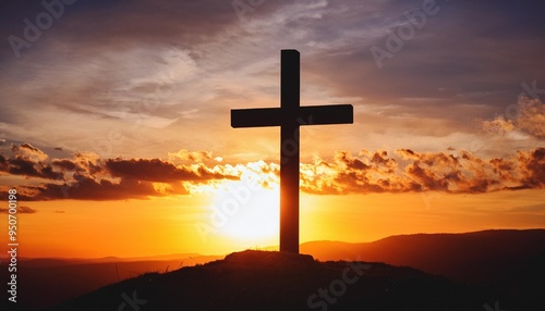 a cross silhouetted against a dramatic sunset with vivid colors and clouds in the background symbolizing faith and devotion