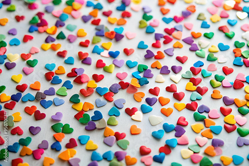 A colorful pile of hearts scattered across a white background. The hearts come in a variety of colors, creating a vibrant and cheerful atmosphere. Concept of joy and celebration