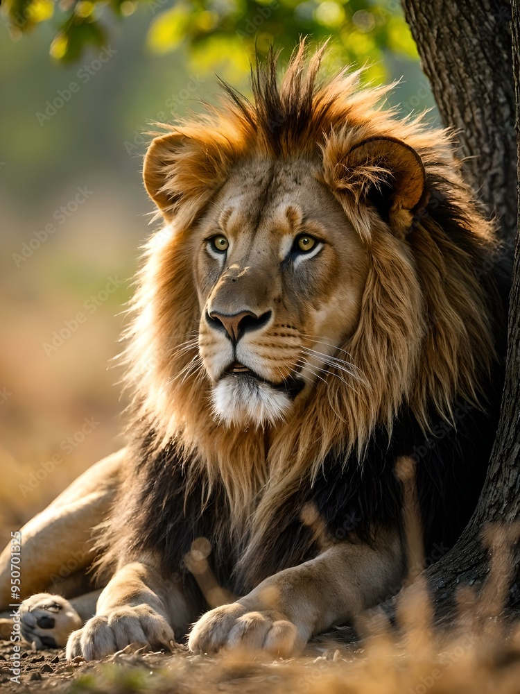 Obraz premium portrait of a lion with a large main lying under a tree