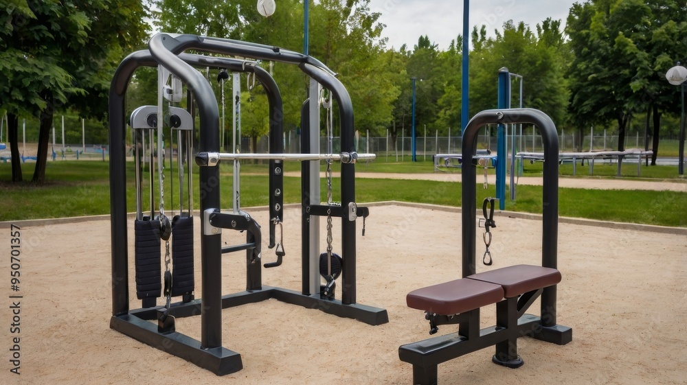 Outdoor gym equipment standing on sand in park setting Outdoor gym equipment standing on sand in park setting