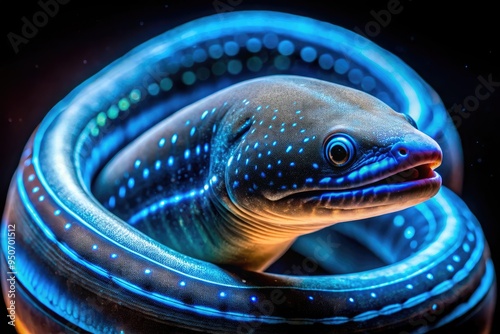 Vibrant, electrifying close-up of an electric eel's serpentine body, illuminated by flashing blue bioluminescent stripes, amidst dark, murky aquatic surroundings. photo