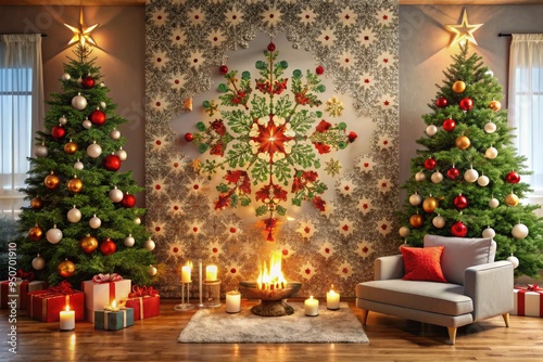 Vibrant festive holiday wall art featuring a snowflake-patterned Christmas tree surrounded by joyful ornaments, garlands, and candles on a cozy living room backdrop.