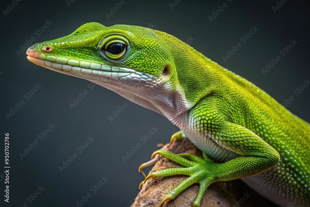 Fototapeta premium Vibrant green anole lizard's delicate scales and ridges on its slender tail are magnified in stunning detail against a neutral dark gray background.