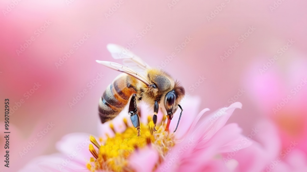 Close-up of a honeybee on a vibrant flower, Nature macro, Pollination Close-up of a honeybee on a vibrant flower, Nature macro, Pollination