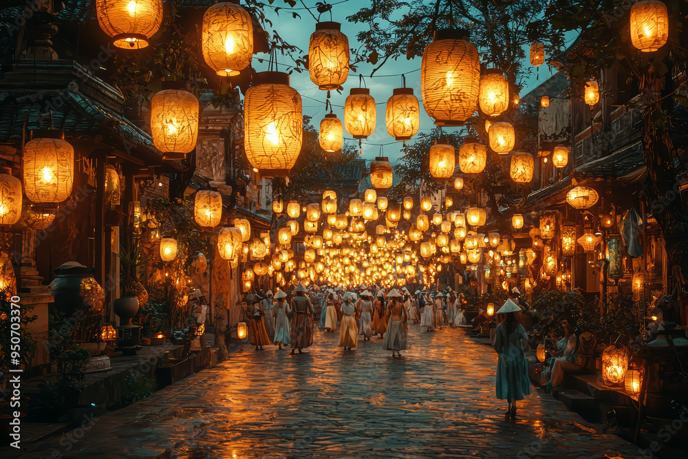 Obraz premium A procession of lanterns carried by participants through a city, illuminating the night in honor of a cultural tradition. Concept of light as a symbol in cultural festivities.