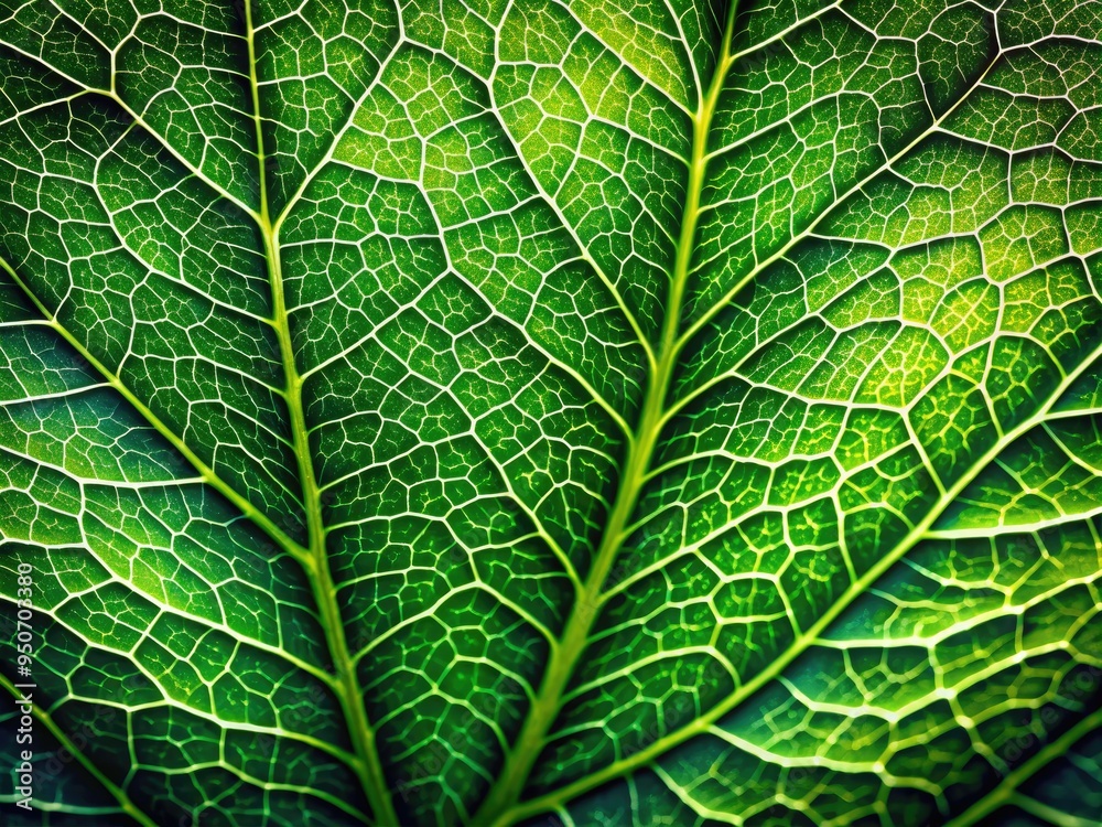 Obraz premium Vibrant green leaf with intricate veins and delicate texture, softly illuminated from above, revealing its natural beauty and microscopic details in stunning clarity.