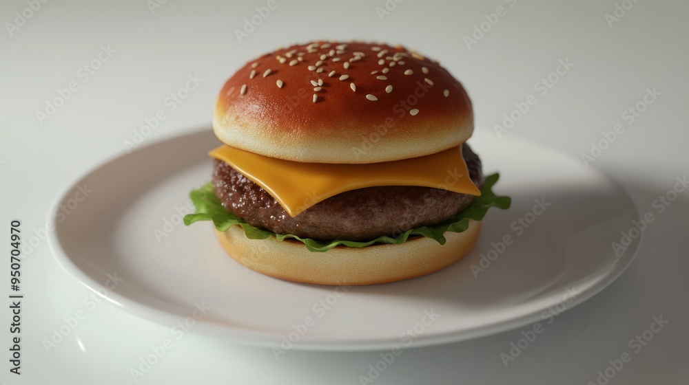 Cheeseburger with Sesame Seed Bun on White Plate Cheeseburger with Sesame Seed Bun on White Plate