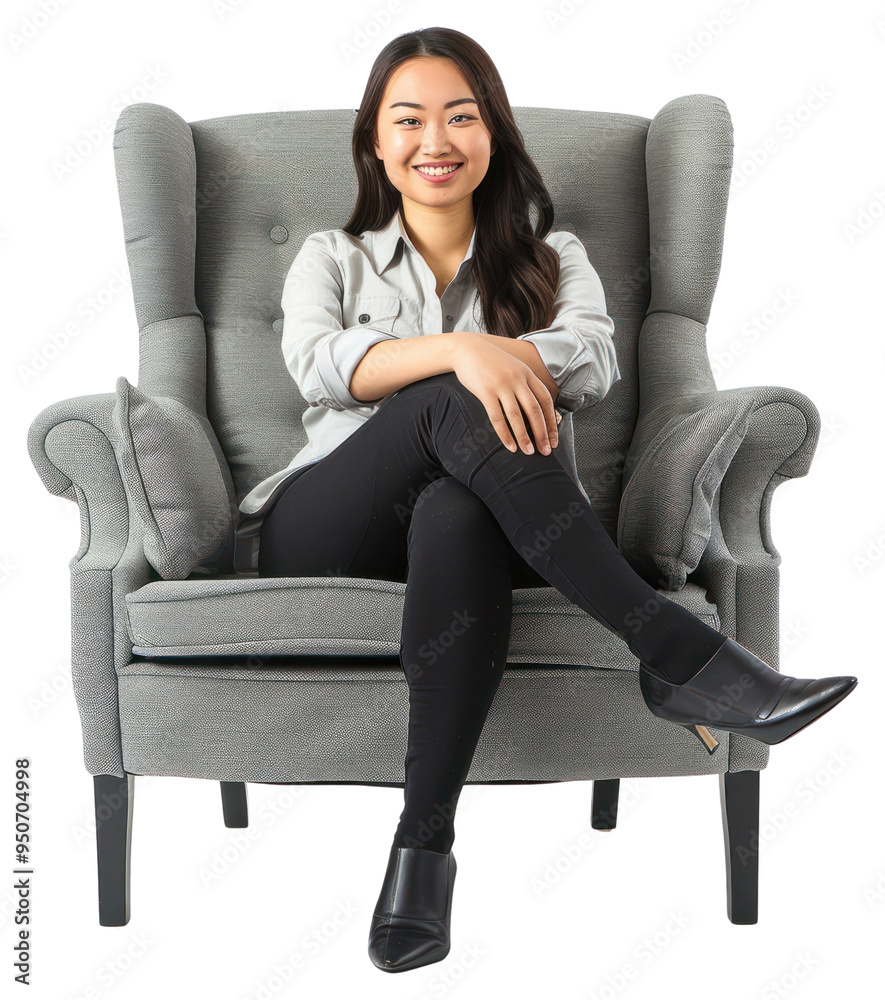 PNG Woman sitting on gray armchair PNG Woman sitting on gray armchair