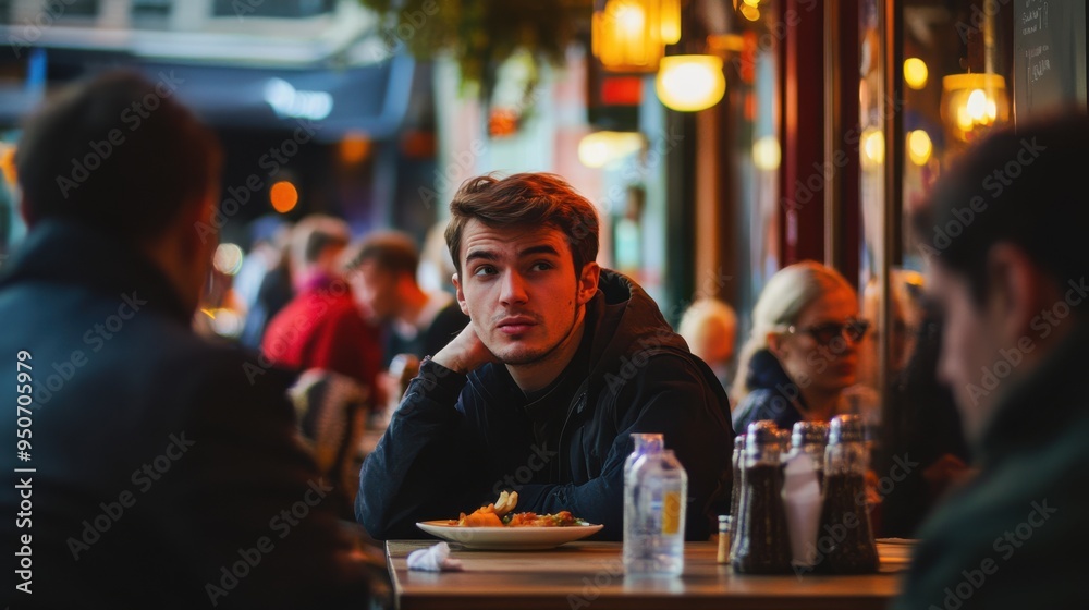 Casual cafe scene with young man sitting and thinking amidst cozy urban atmosphere and ambient lights
