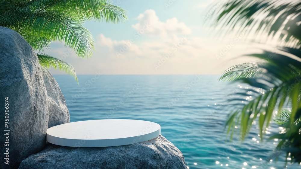 Obraz premium Tranquil Coastal Platform with Ocean View and Palm Fronds
