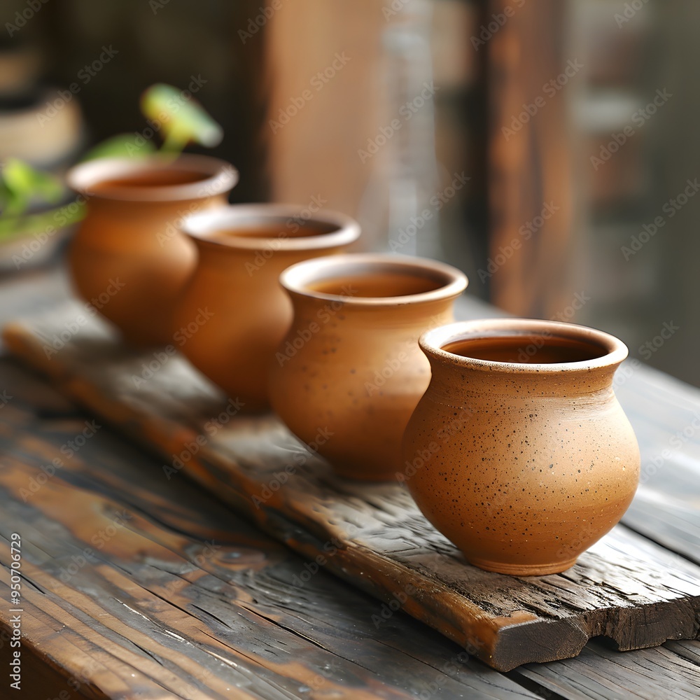 Rustic Charm: A Row of Traditional Clay Pots on a Wooden Plank